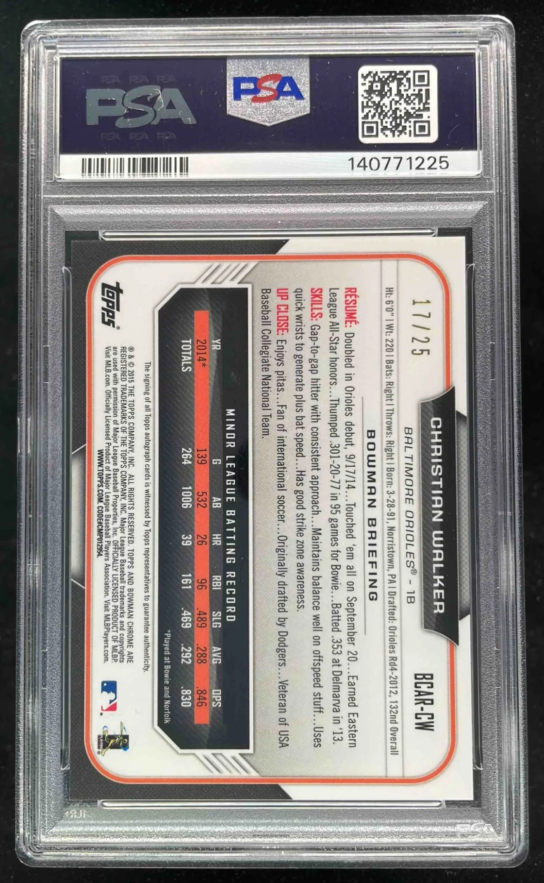 2015 Bowman Chrome Rookie Autographs Orange Christian Walker RC Auto /25 PSA 10 - Image 2