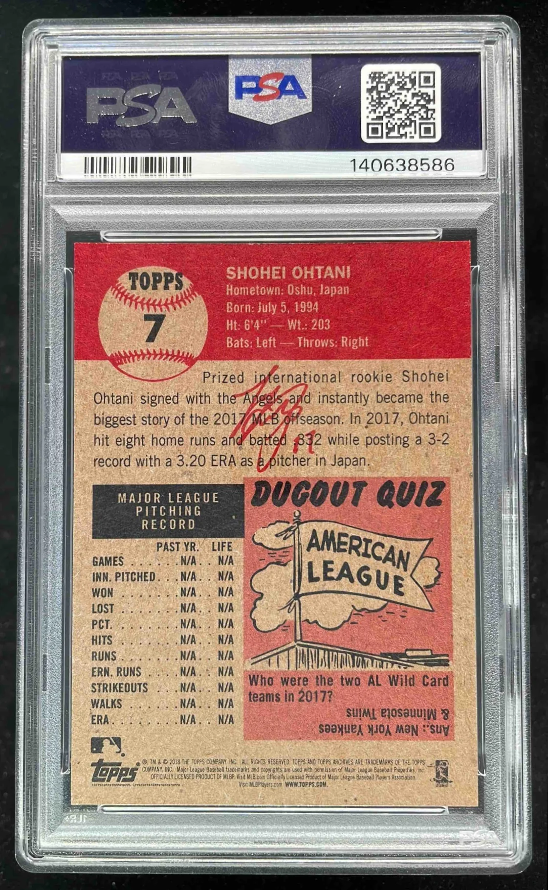 2018 Topps Living #7 Shohei Ohtani RC PSA 9 - Image 2