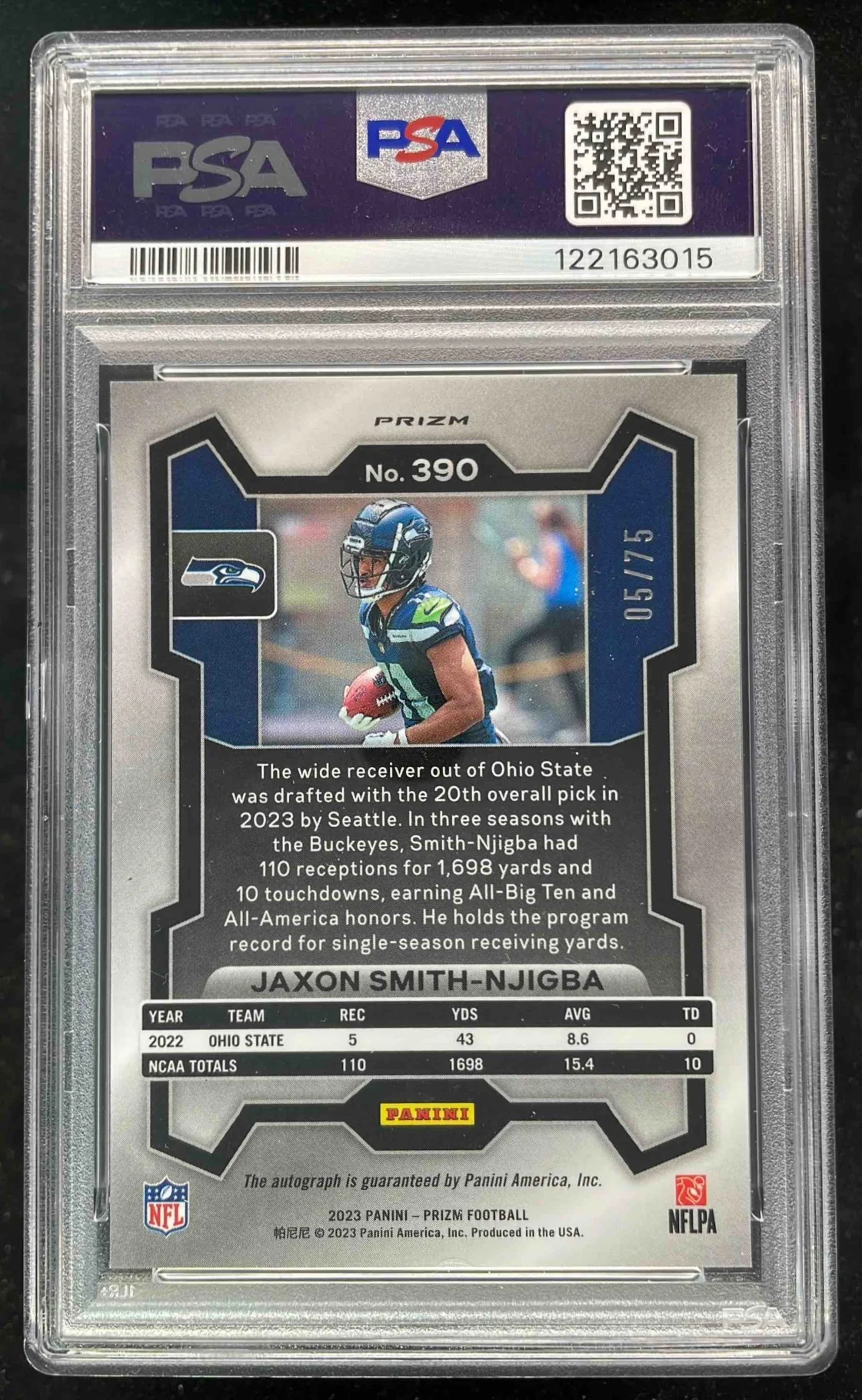 2023 Panini Prizm Rookie Green Scope #390 Jaxon Smith-Njigba RC Auto /75 PSA 8 - Image 2