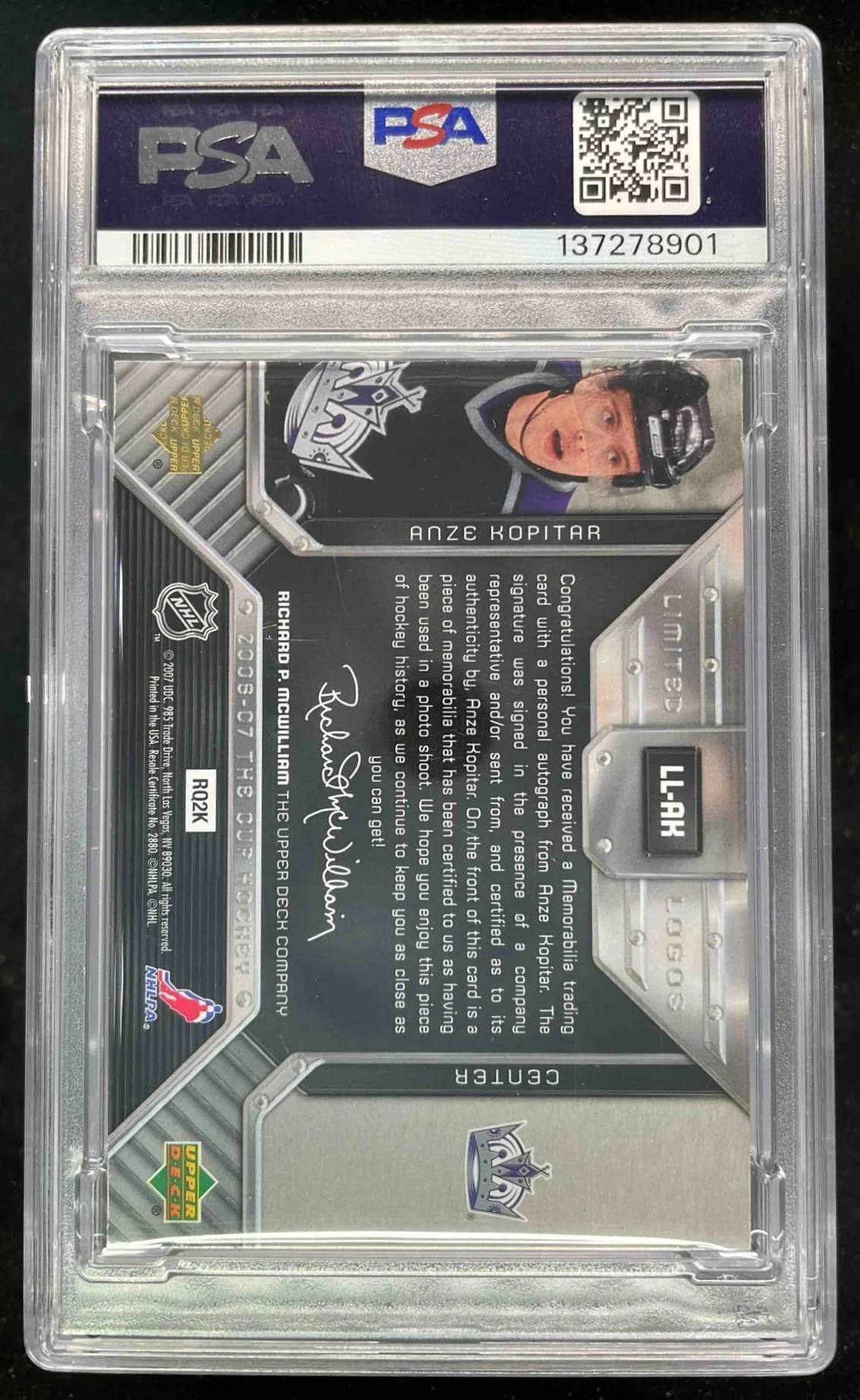 2006-07 Upper Deck The Cup Limited Logos Anze Kopitar RC Auto /50 PSA Authentic - Image 2