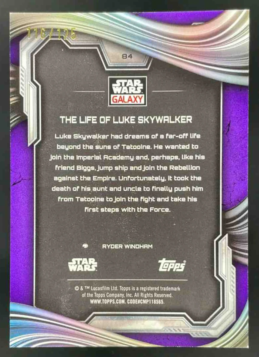 2025 Topps Chrome Star Wars Galaxy Purple Speckle The Life Luke Skywalker /125 - Image 2