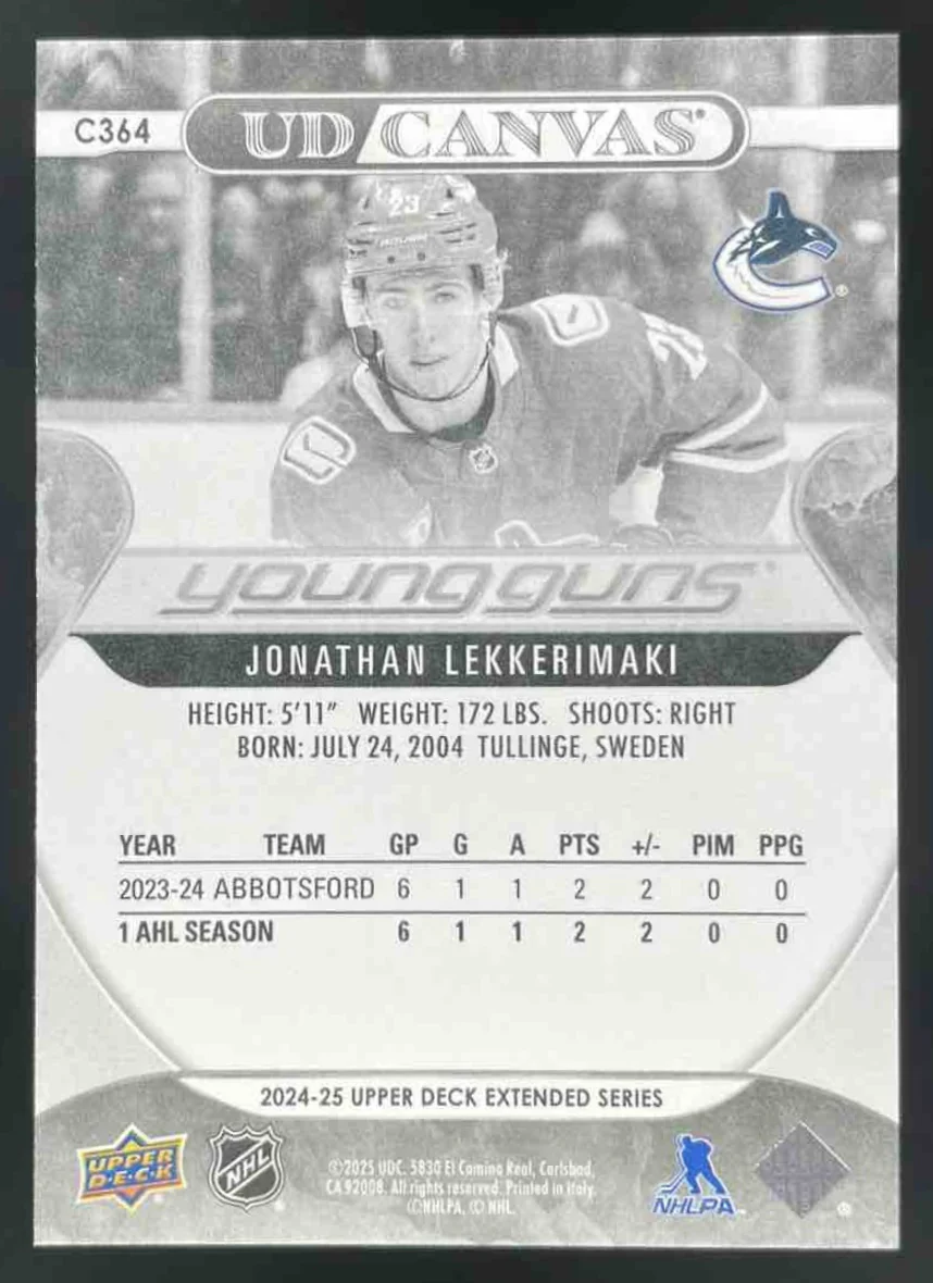 2024-25 UD Canvas Black & White Jonathan Lekkerimaki Young Guns RC - Image 2