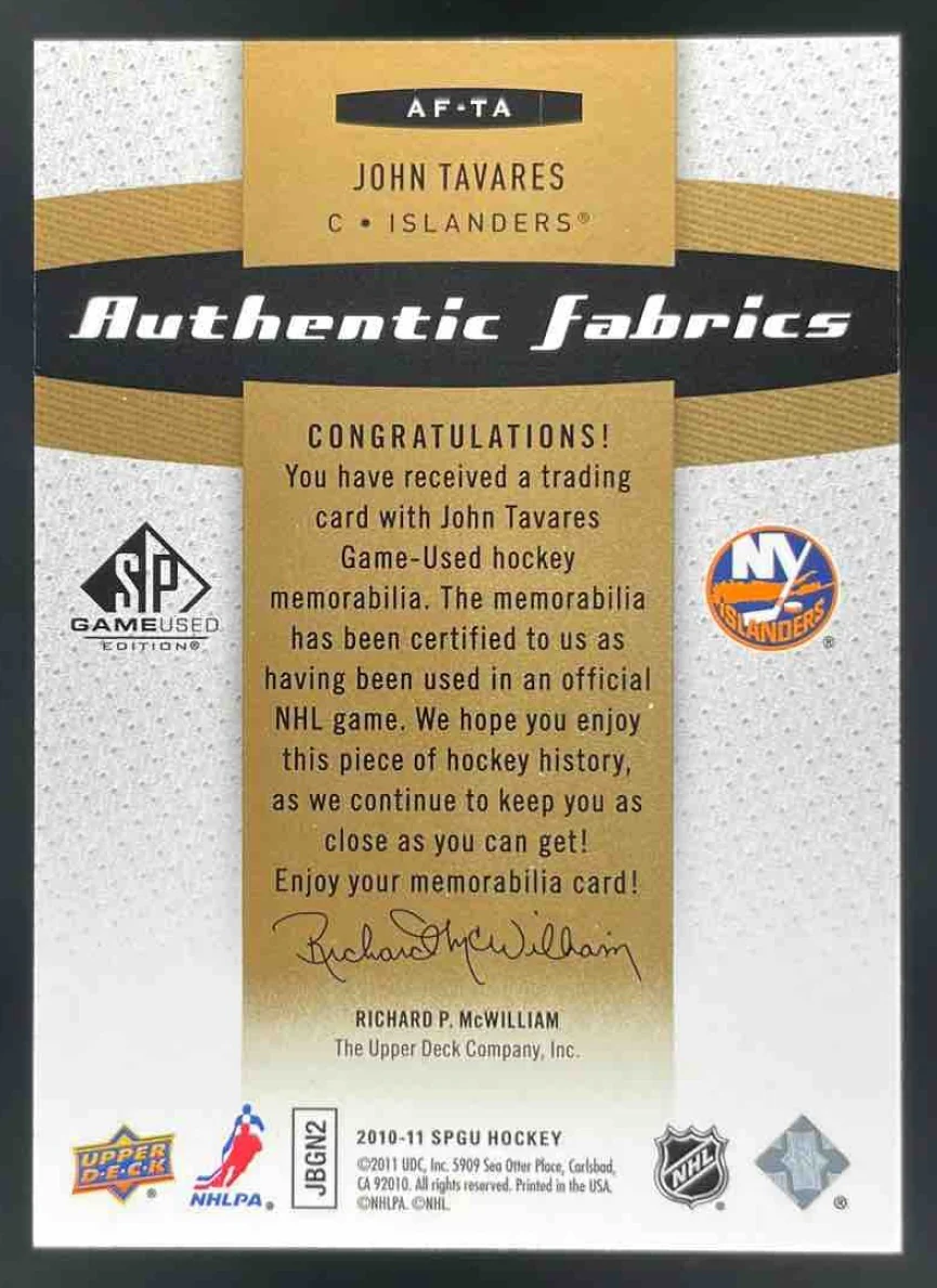 2011-12 SP Game Used Authentic Fabrics #AF-JT John Tavares /100 - Image 2