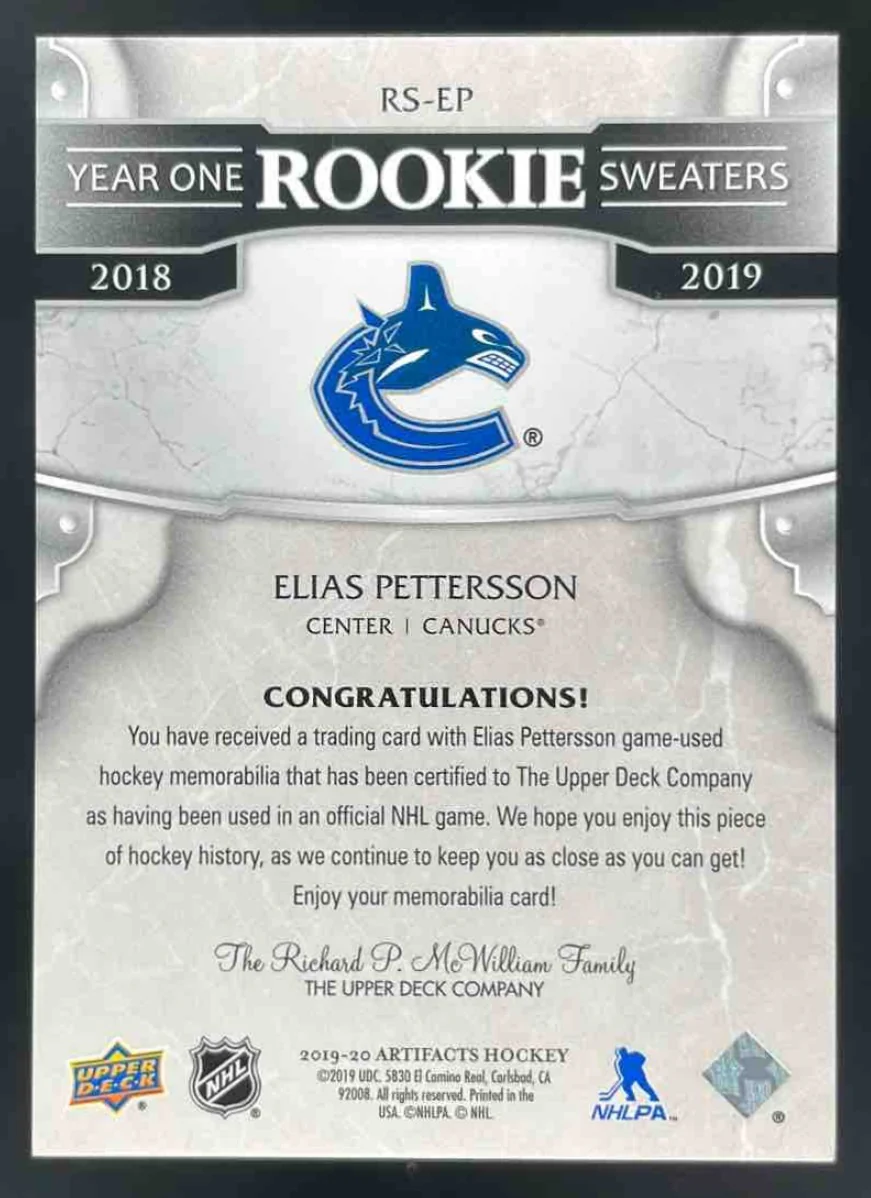 2019 Upper Deck Artifacts Year One Rookie Sweaters #RS-EP Elias Pettersson MEM - Image 2