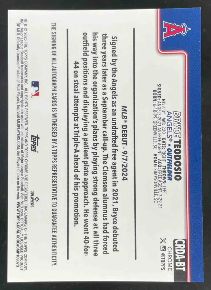 2025 Topps Chrome Rookie Red Wave Refractor #CRDA-BT Bryce Teodosio RC Auto /5 - Image 2