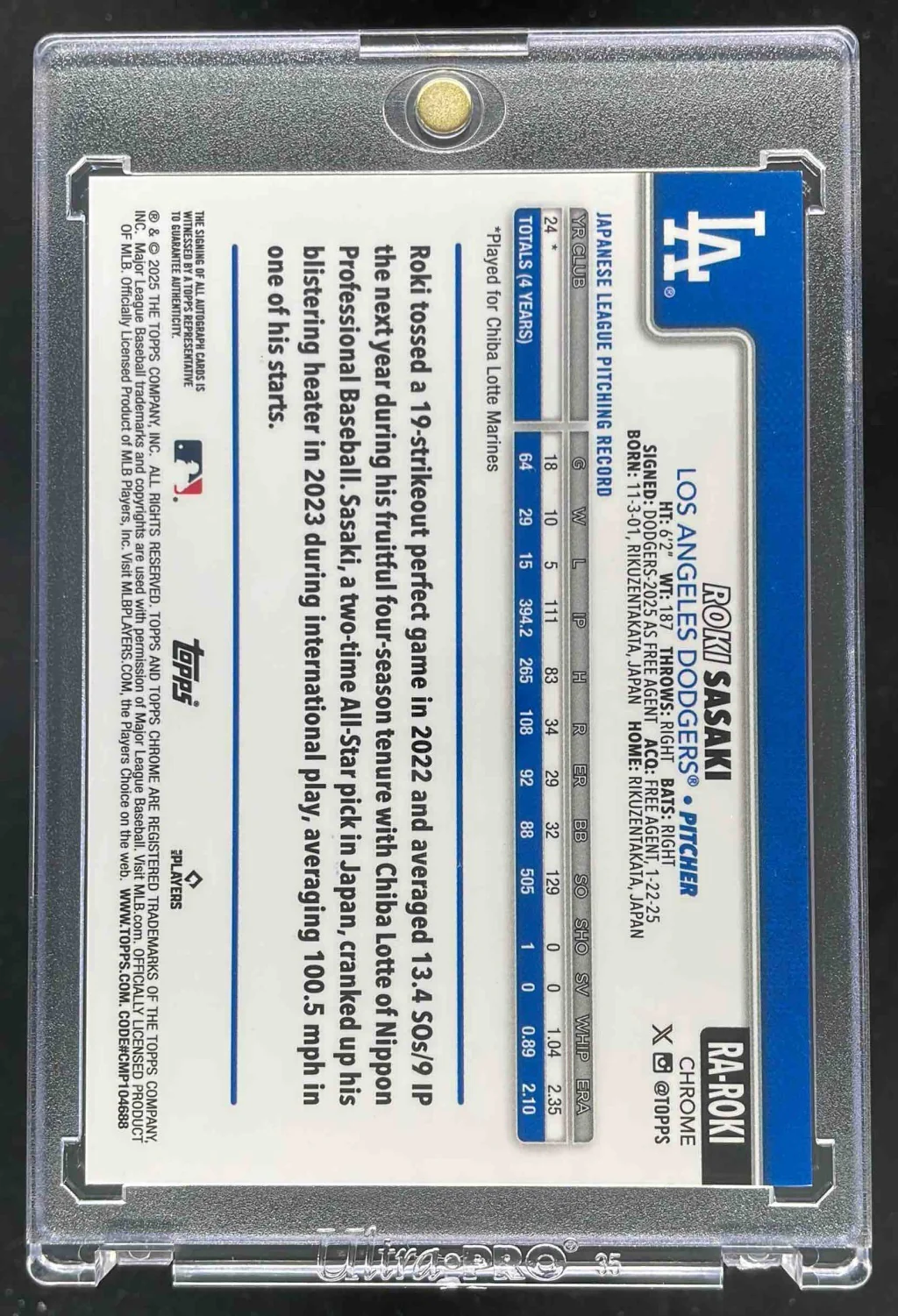 2025 Topps Chrome Rookie Autographs #RA-ROKI Roki Sasaki RC Auto - Image 2