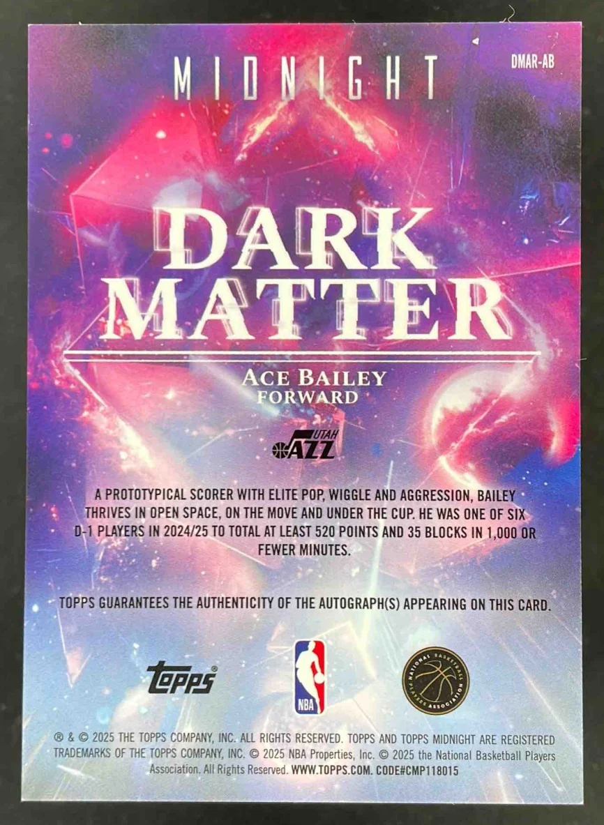 2025-26 Topps Midnight Dark Matter Rookie Moon Beam #DMAR-AB Ace Bailey RC Auto - Image 2