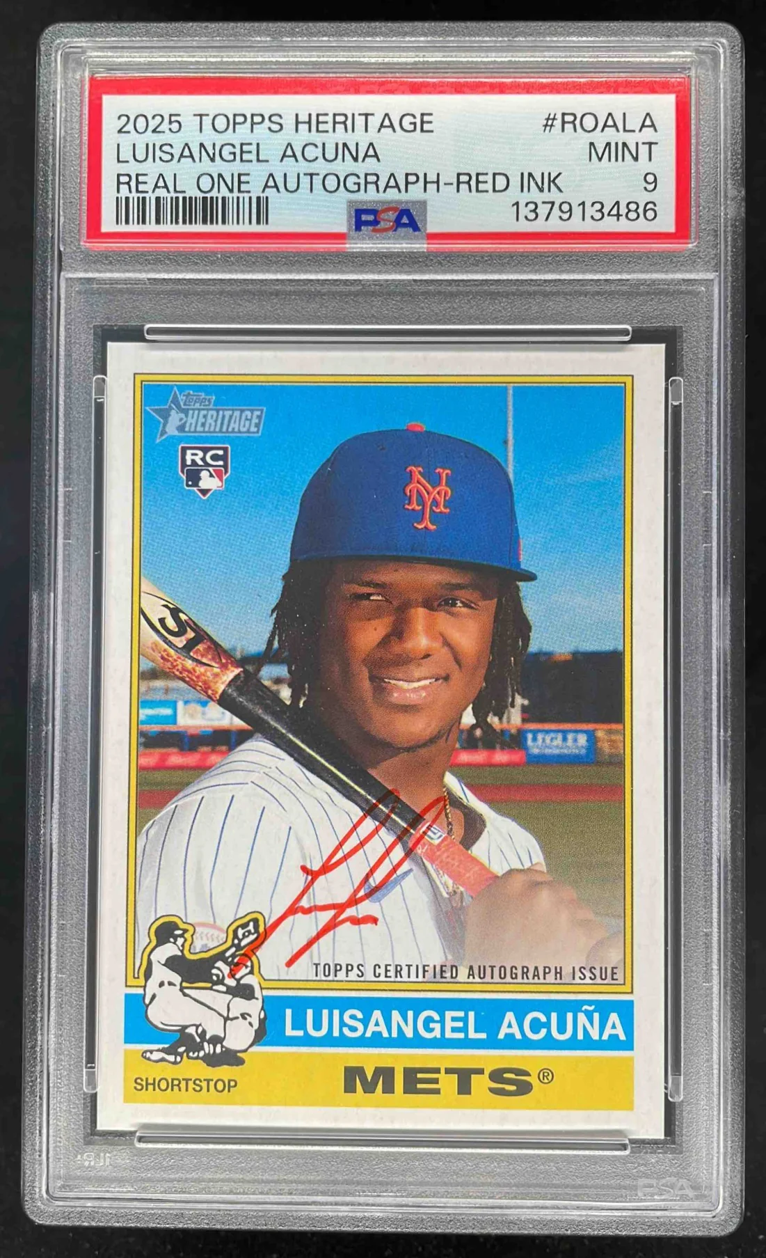 2025 Topps Heritage Real One Red Ink #ROA-LA Luisangel Acuna RC Auto /76 PSA 9