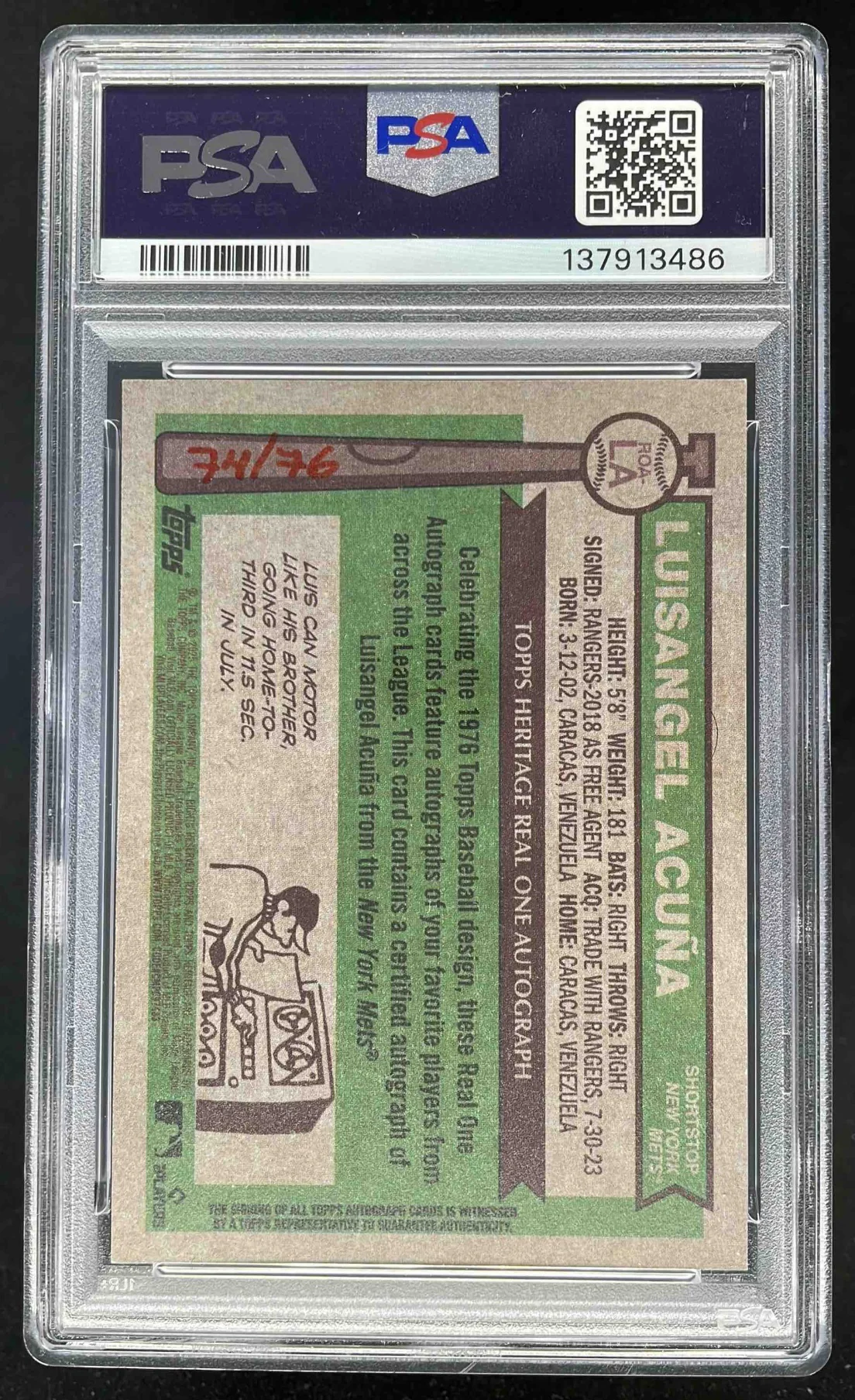 2025 Topps Heritage Real One Red Ink #ROA-LA Luisangel Acuna RC Auto /76 PSA 9 - Image 2