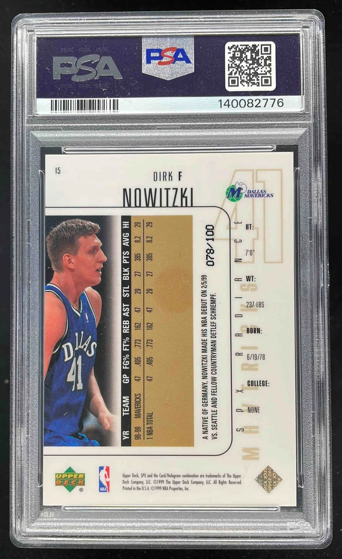 1999-00 SPx Radiance #15 Dirk Nowitzki /100 PSA 8 - Image 2