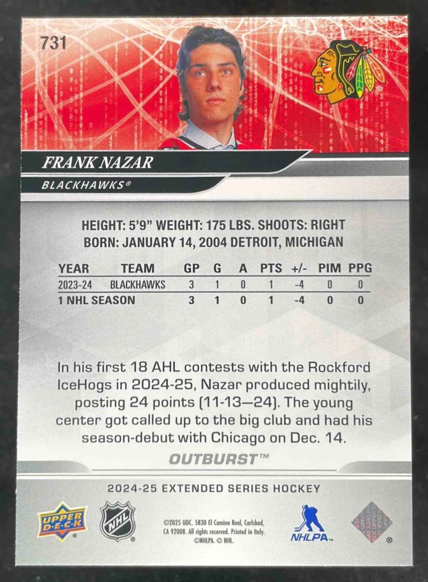 2024-25 Upper Deck Outburst Silver #731 Frank Nazar Rookie Debut - Image 2