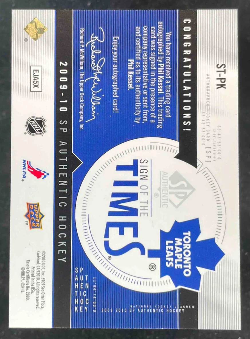 2009-10 SP Authentic Sign of the Times #ST-PK Phil Kessel Autograph Auto - Image 2