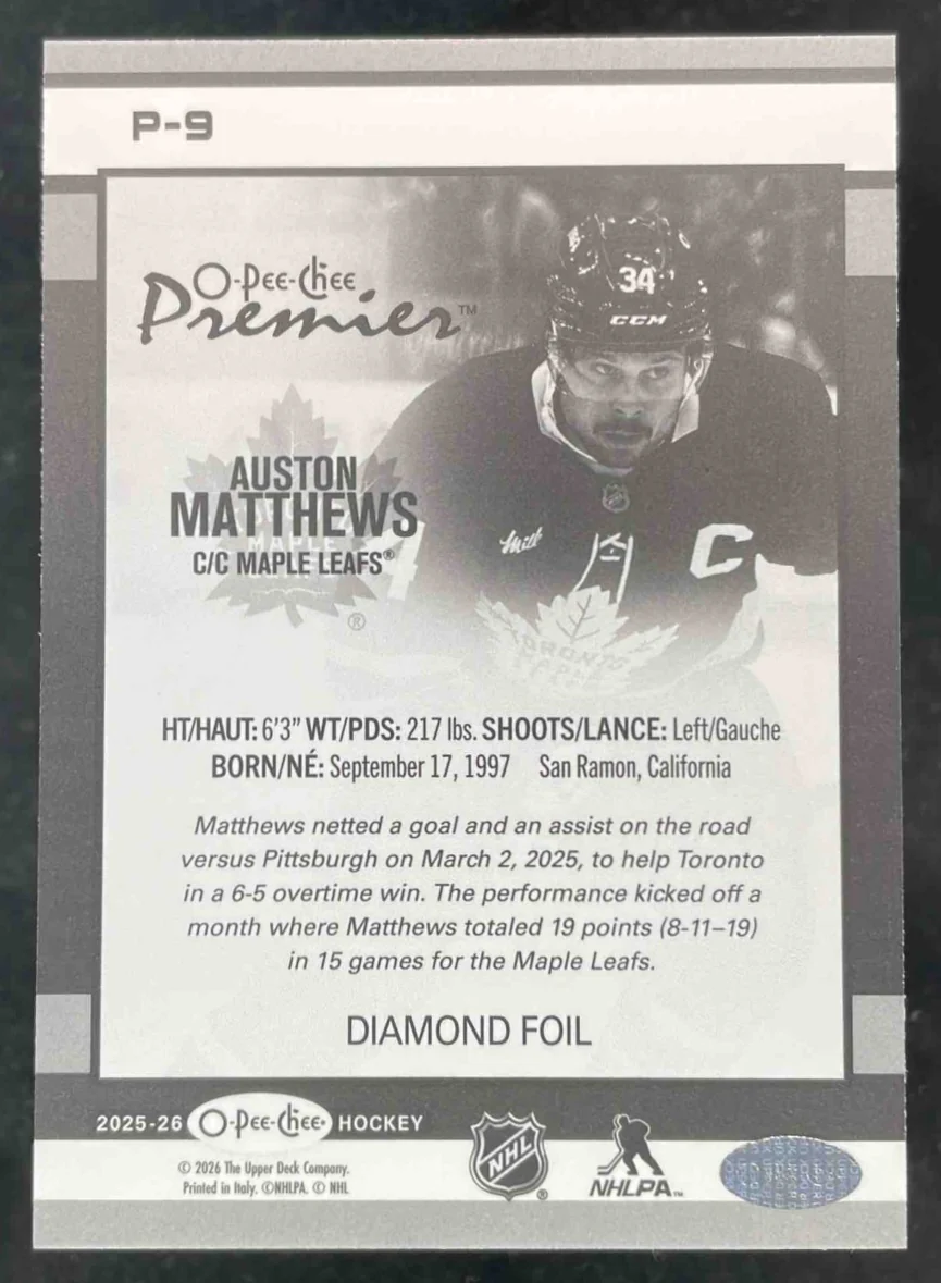 2025 O-Pee-Chee Premier Diamond Rainbow Foilboard #P-9 Auston Matthews /75 - Image 2