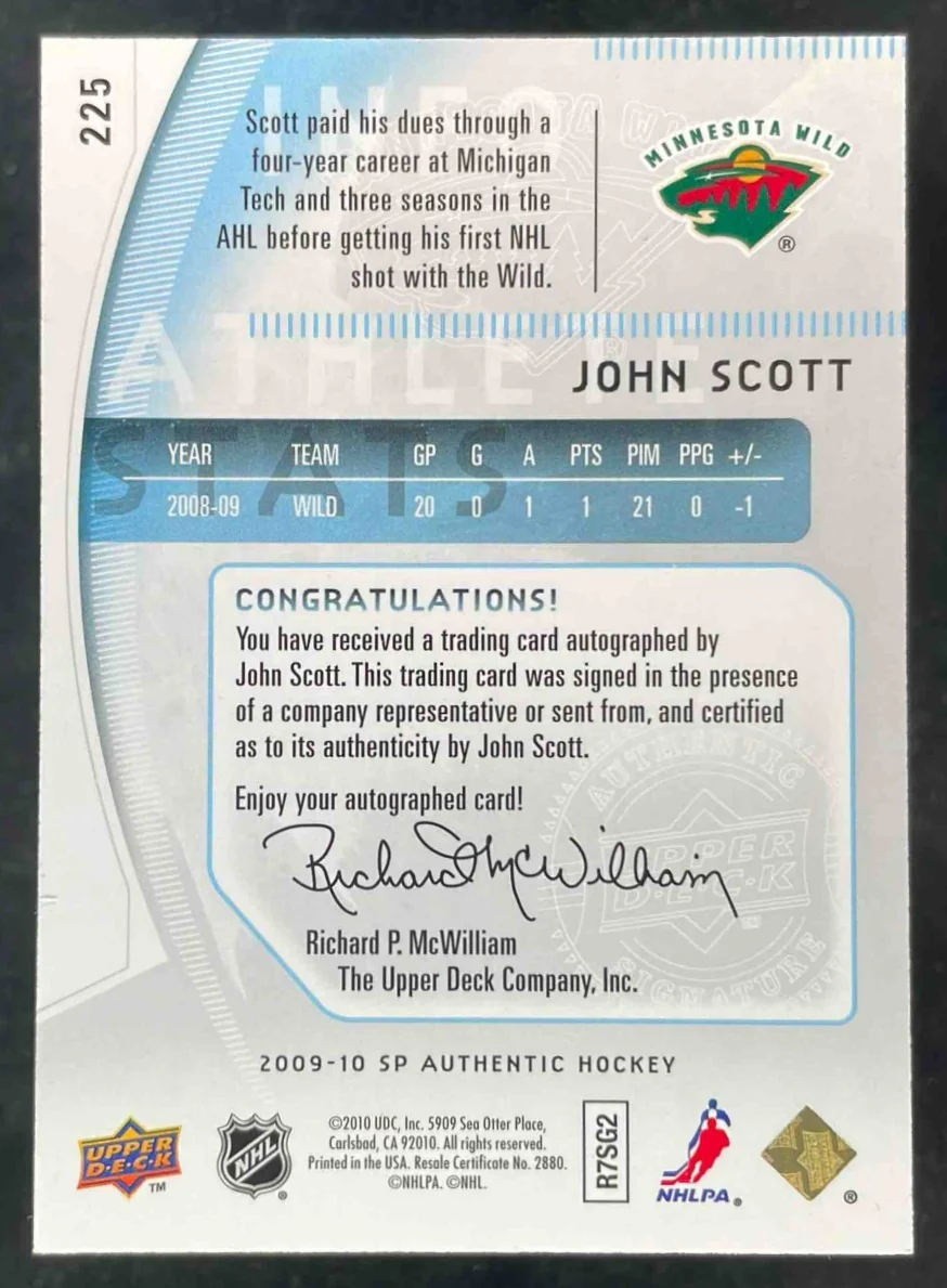 2009-10 SP Authentic #225 John Scott Autograph RC Future Watch Auto /999 - Image 2
