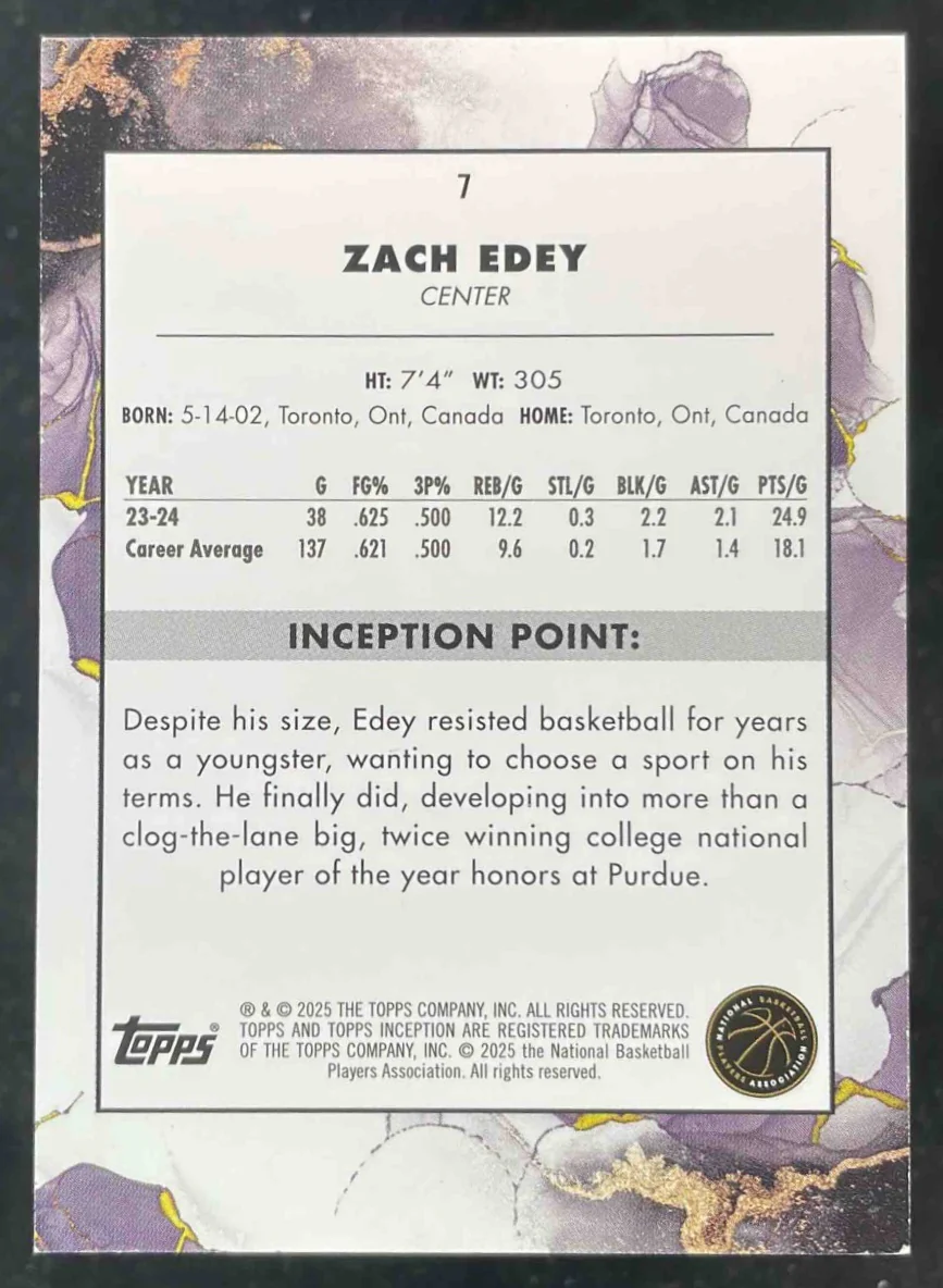 2024-25 Topps Inception Blue #7 Zach Edey RC /25 - Image 2
