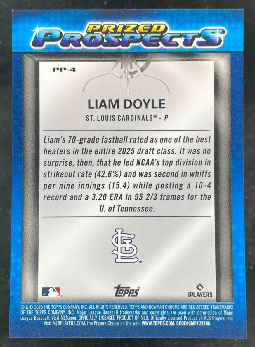 2025 Bowman Draft Chrome Prized Prospects Black Refractor #PP-4 Liam Doyle /10 - Image 2