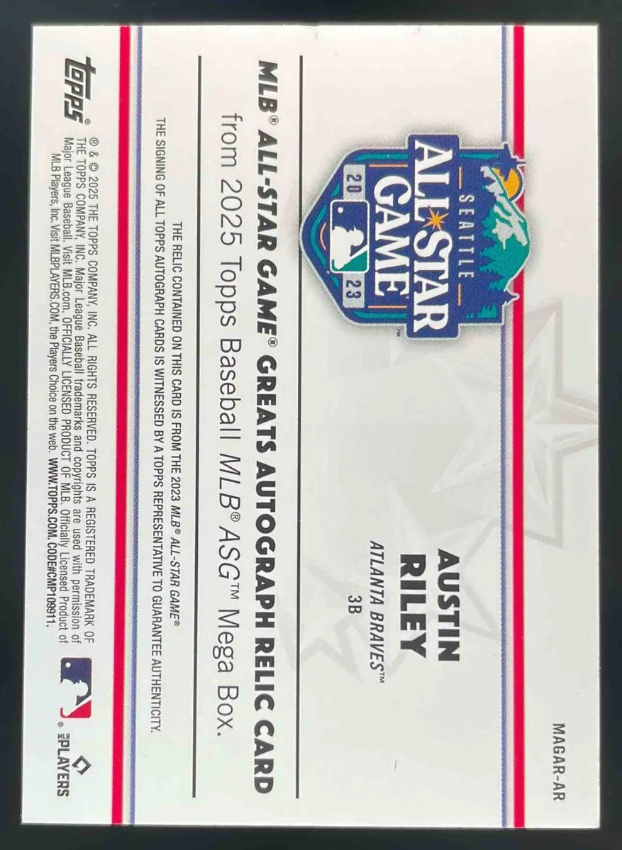 2025 Topps All-Star Game Mega Box Greats Relics Black Foil Austin Riley Auto /10 - Image 2