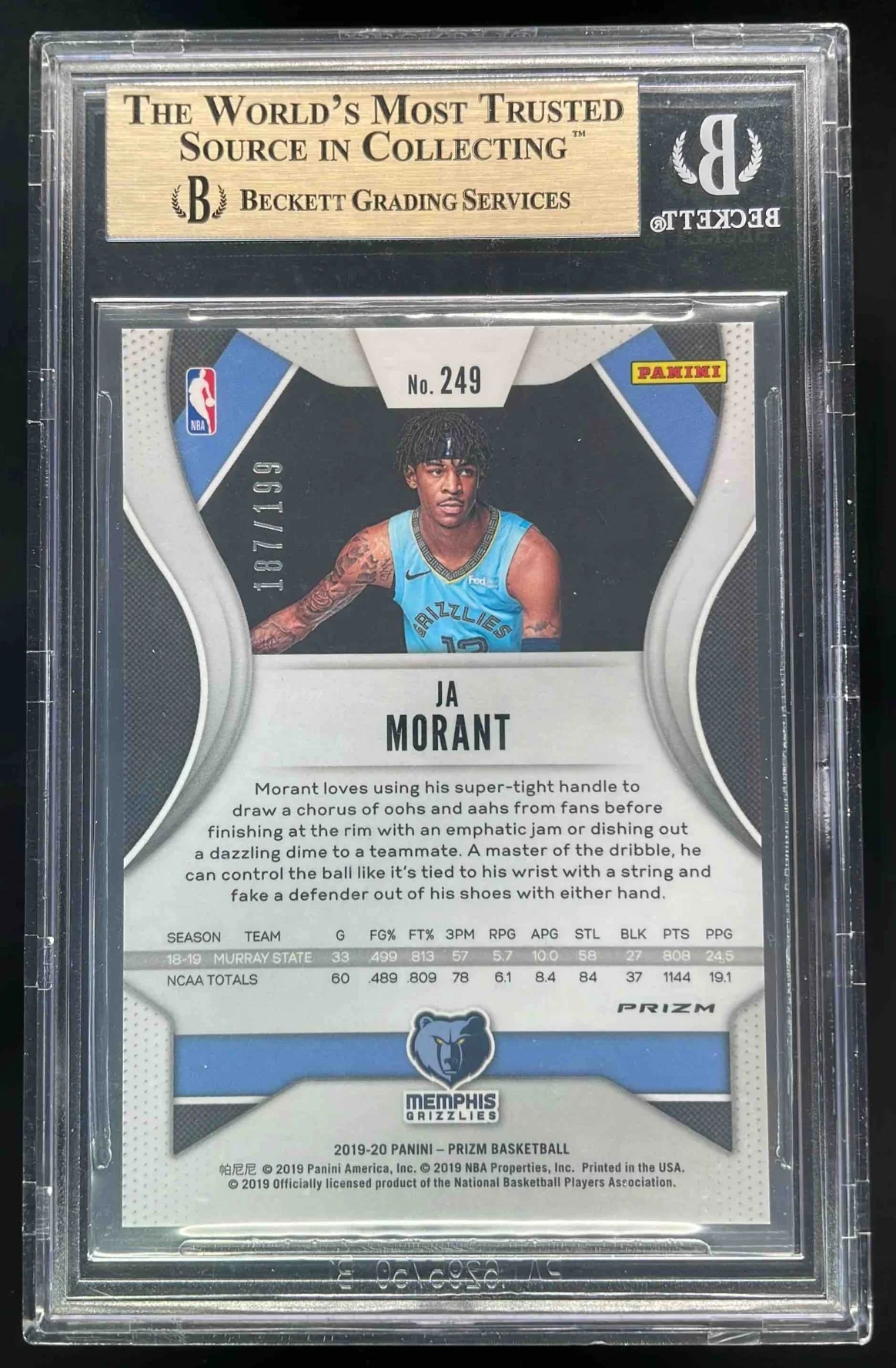 2019-20 Panini Prizm Prizms Blue #249 Ja Morant RC /199 BGS 9.5 - Image 2