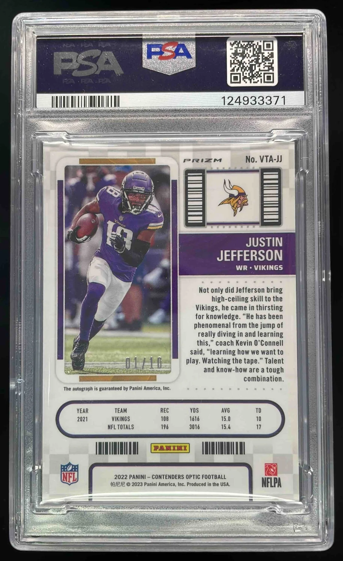 2022 Contenders Optic Veteran Ticket Gold #VTAJJ Justin Jefferson Auto /10 PSA 9 - Image 2