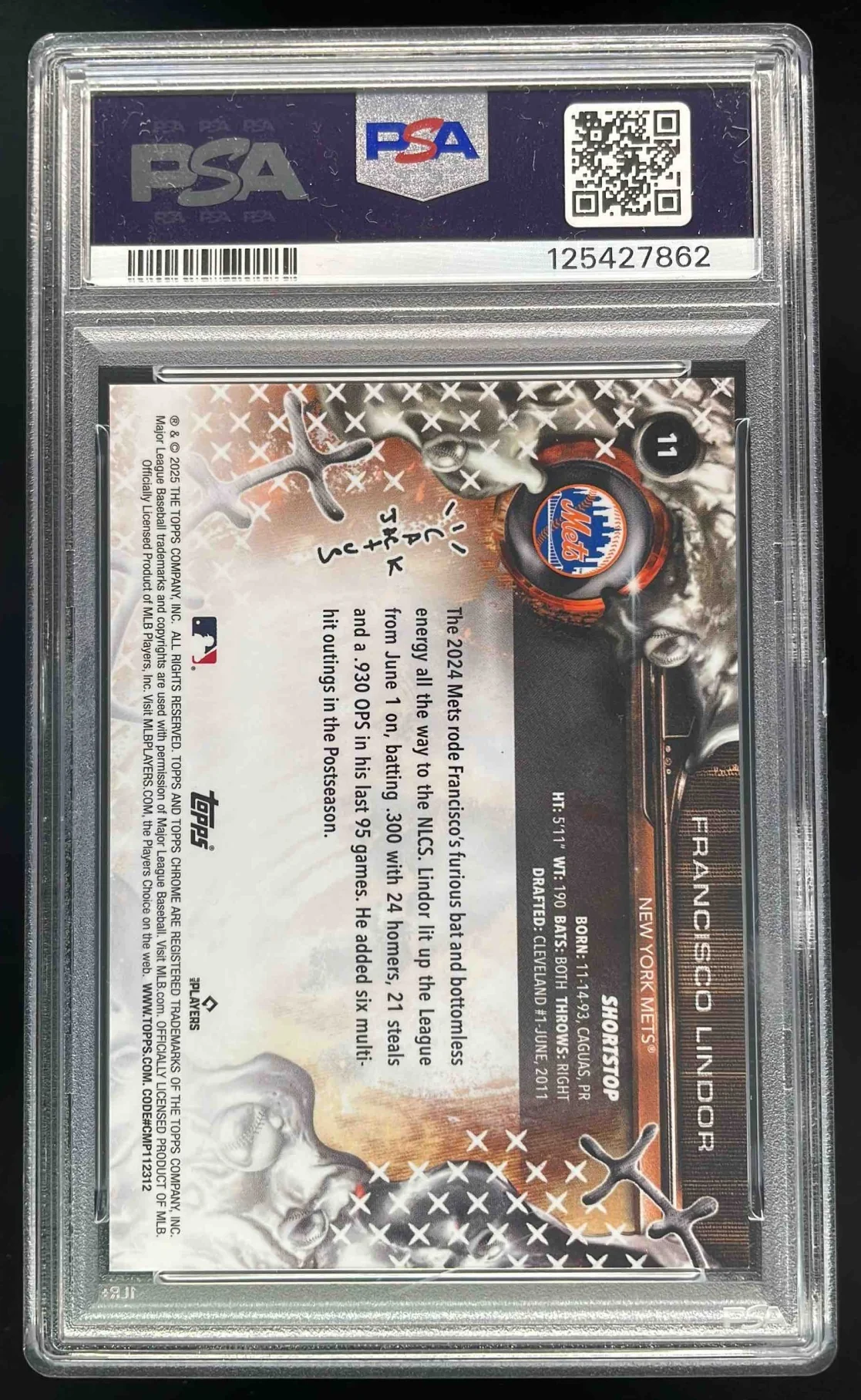 2025 Topps Chrome x Cactus Jack Black Refractor #11 Francisco Lindor /10 PSA 10 - Image 2
