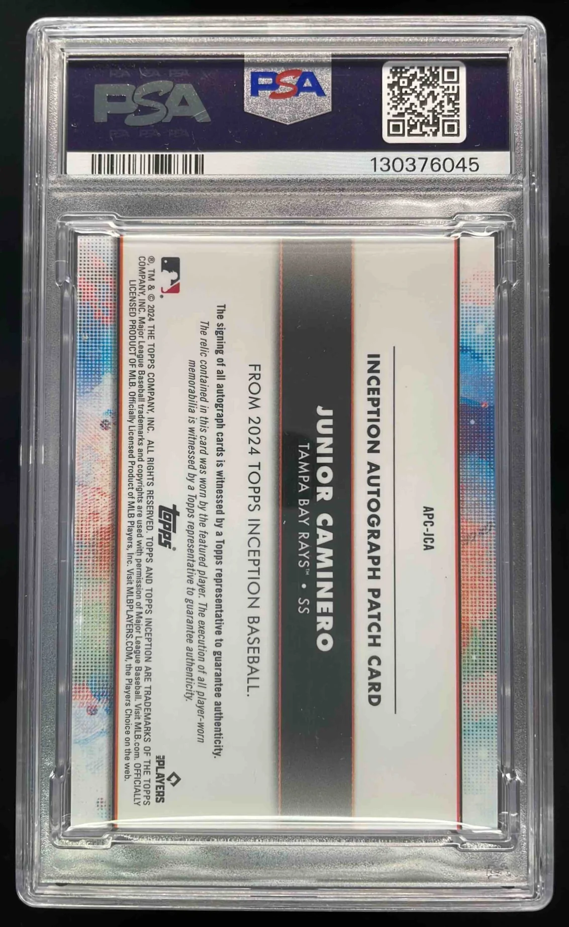 2024 Topps Inception Patch Cards Magenta #JCA Junior Caminero RC Auto /75 PSA 10 - Image 2