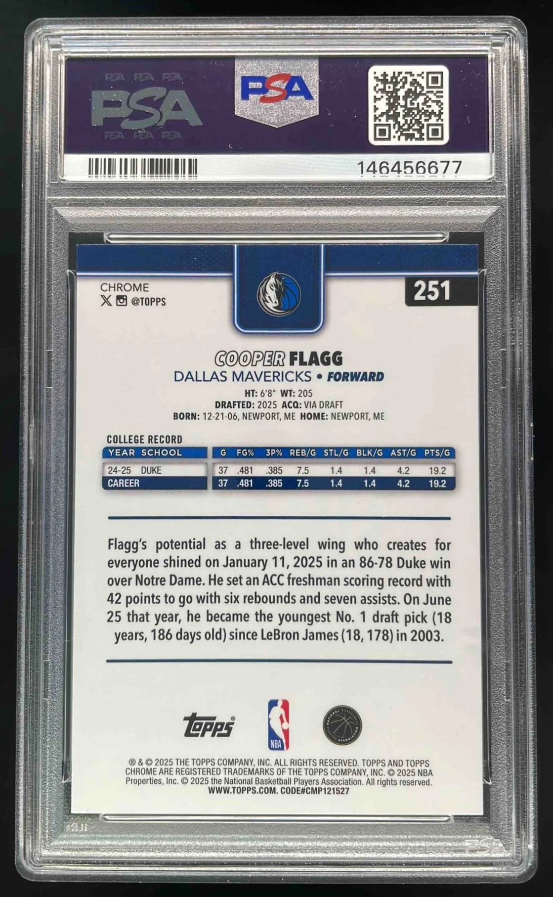 2025-26 Topps Chrome Prism Refractor #251 Cooper Flagg RC PSA 9 - Image 2