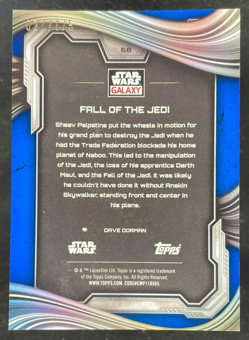 2025 Topps Chrome Star Wars Galaxy Blue Ray Wave #68 Fall of the Jedi /175 - Image 2