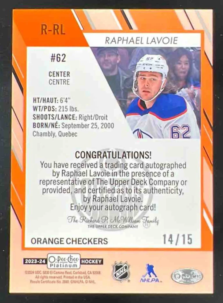 2023 O-Pee-Chee Platinum Rookie Orange Checkers #R-RL Raphael Lavoie RC Auto /15 - Image 2