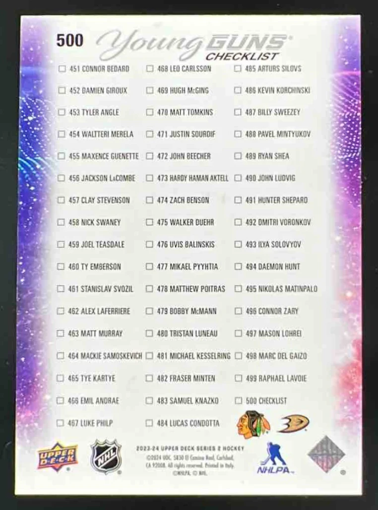 2023 Upper Deck #500 Young Guns Checklist Connor Bedard Leo Carlsson Young Guns - Image 2