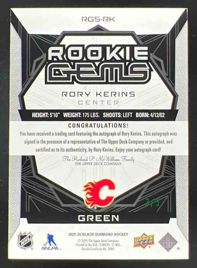 2025 Black Diamond Rookie Gems Signatures Green #RGS-RK Rory Kerins Auto /5 - Image 2