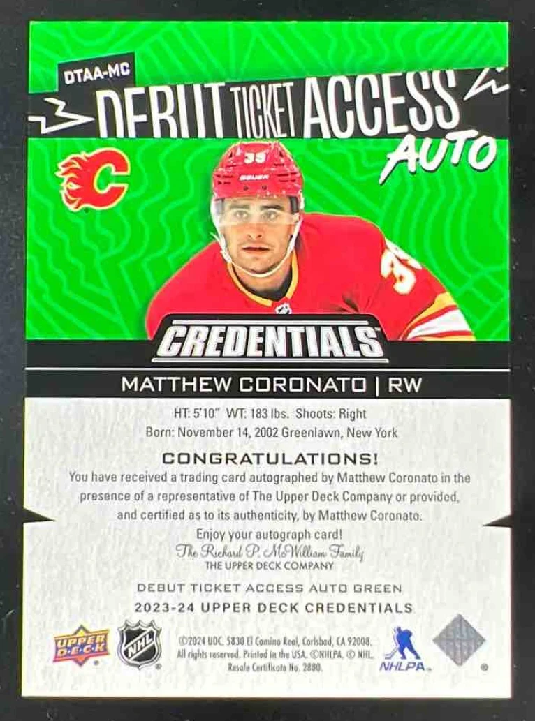 2023-24 Upper Deck Credentials Ticket Access Green Matthew Coronato RC Auto /25 - Image 2