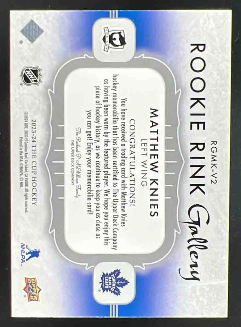 2023-24 Upper Deck The Cup Rookie Rink Gallery Patch #RGMK-V2 Matthew Knies /35 - Image 2