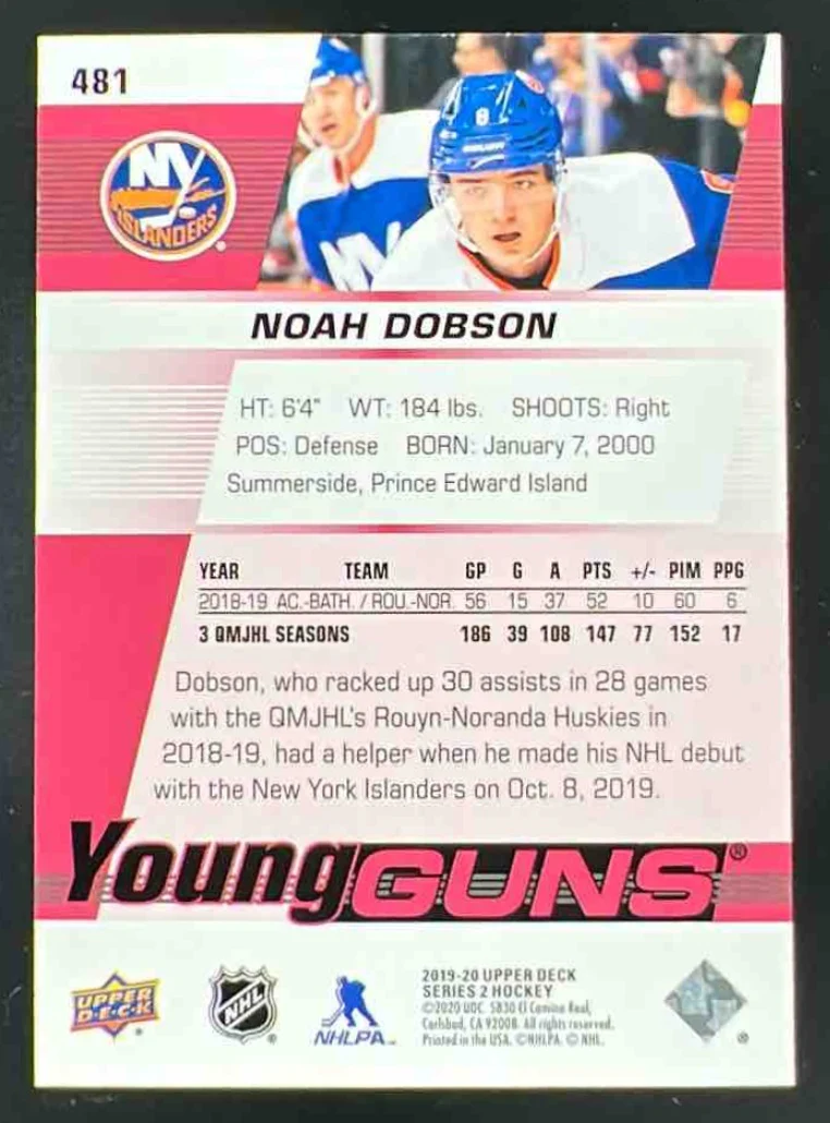 2019-20 Upper Deck UD Exclusives #481 Noah Dobson Young Guns RC /100 - Image 2