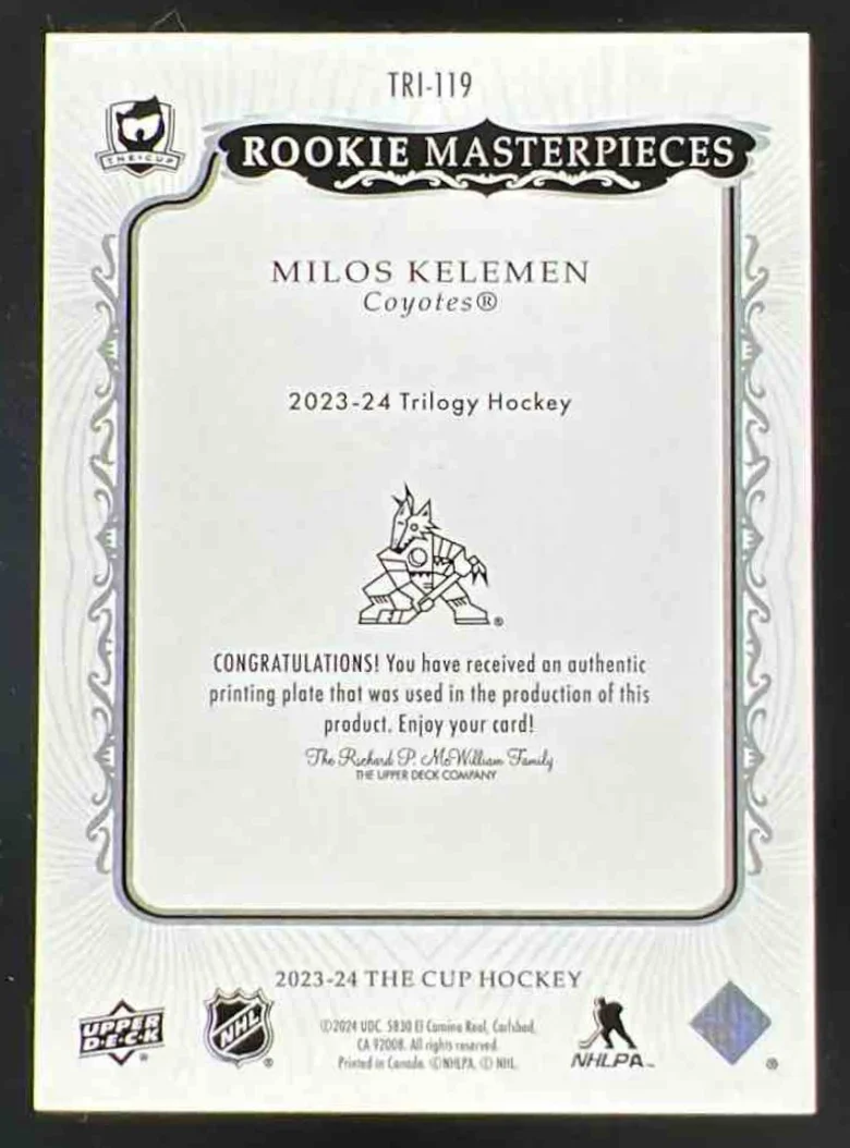 2023 The Cup Rookie Masterpiece Printing Plates Trilogy Black Milos Kelemen 1/1 - Image 2