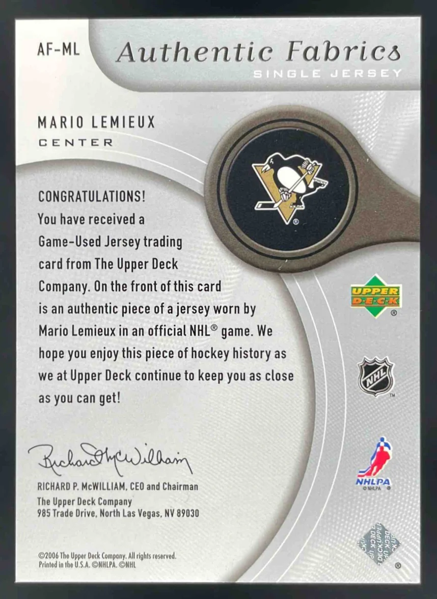 2005-06 SP Game Used Authentic Fabrics #AF-ML Mario Lemieux MEM - Image 2