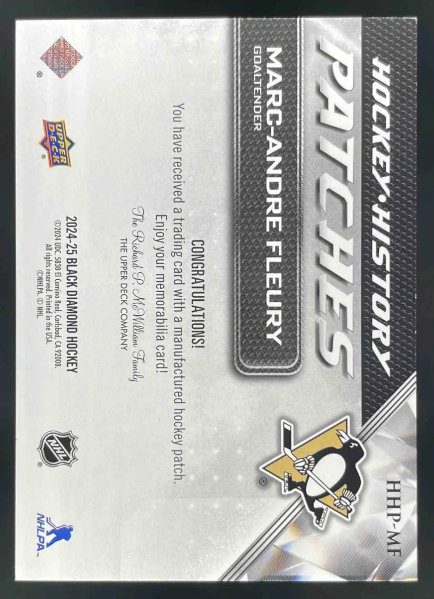 2024 Upper Deck Black Diamond Hockey History Patches #HHP-MF Marc-Andre Fleury - Image 2