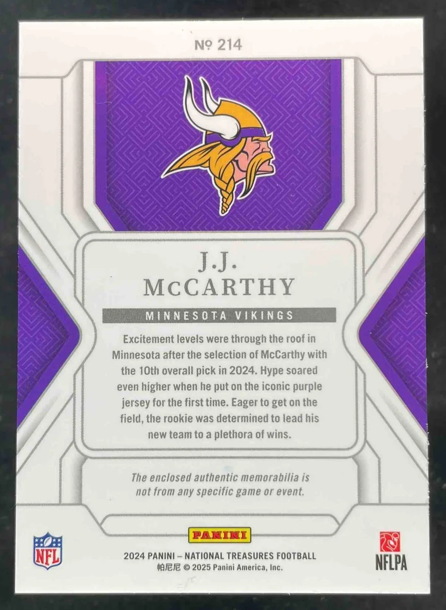 2024 Panini National Treasures Rookie Patch #214 J.J. McCarthy RC /99 - Image 2