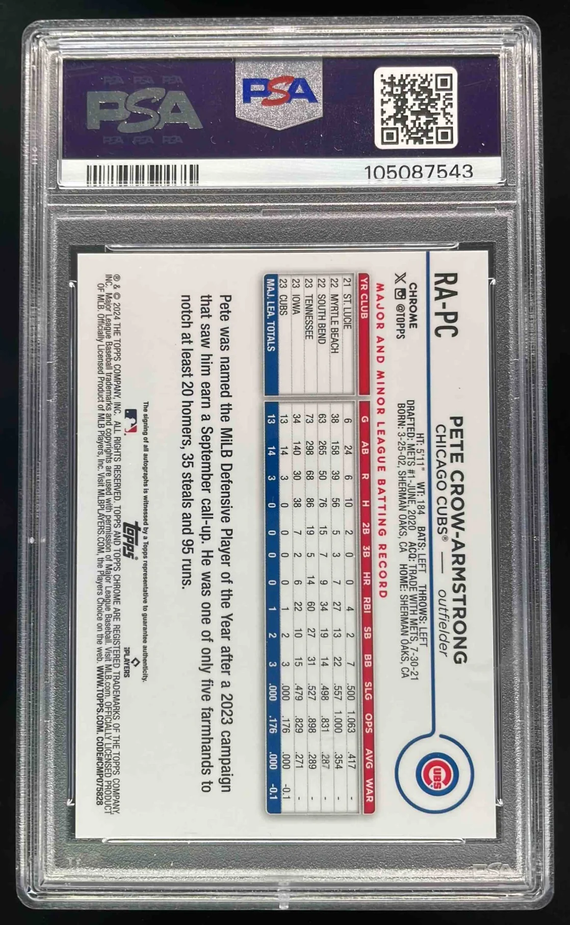 2024 Topps Chrome Rookie Autographs #RA-PC Pete Crow-Armstrong RC Auto PSA 10 - Image 2
