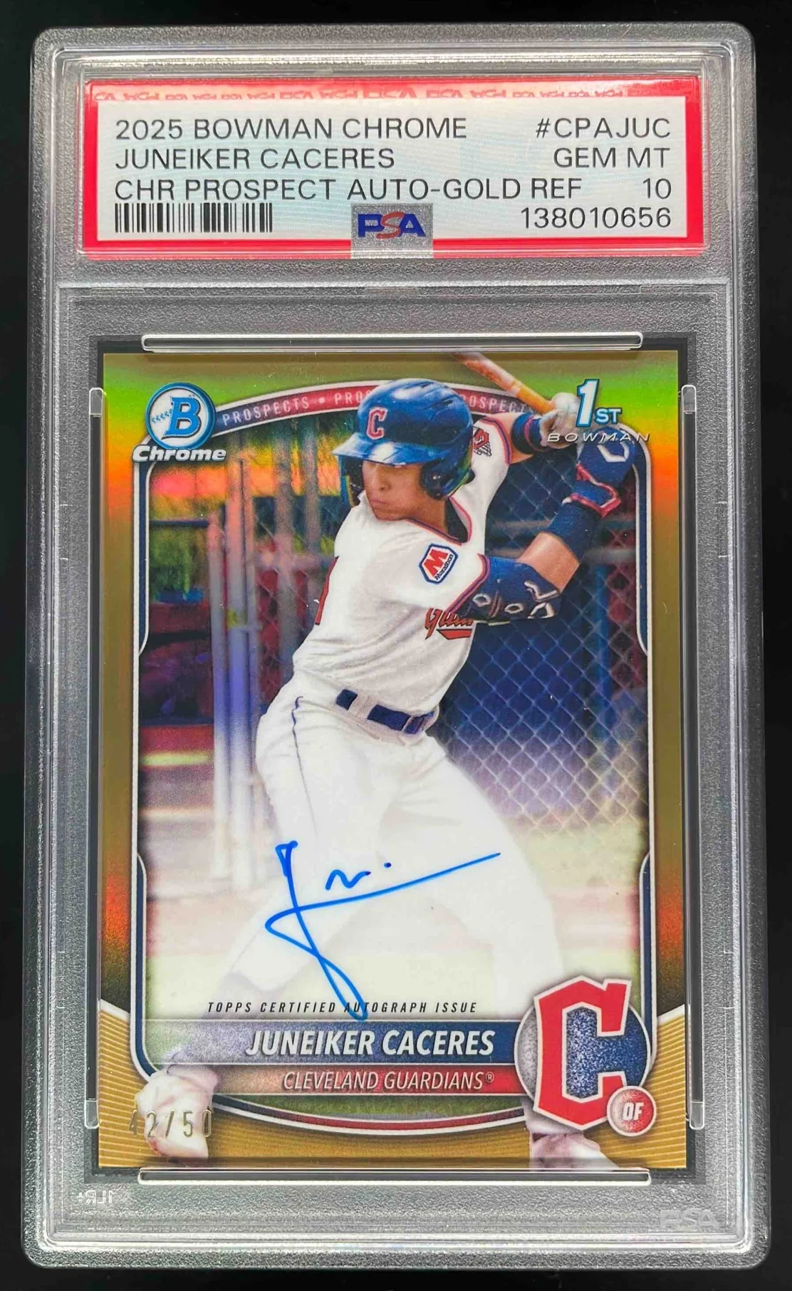 2025 Bowman Chrome Gold Refractor #CPA-JUC Juneiker Caceres RC Auto /50 PSA 10