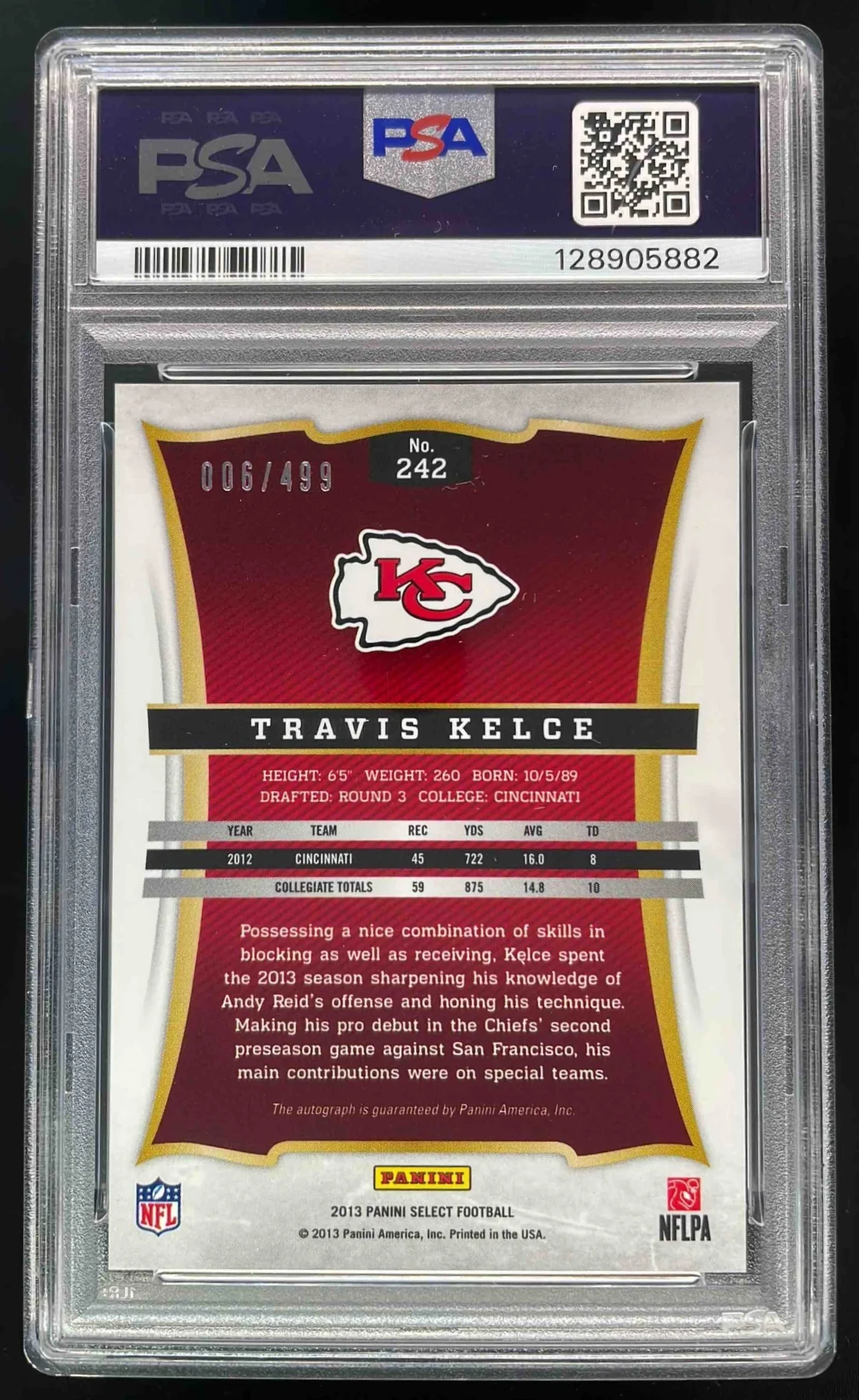 2013 Panini Select Rookie Autographs #242 Travis Kelce RC Auto /499 PSA 9 - Image 2