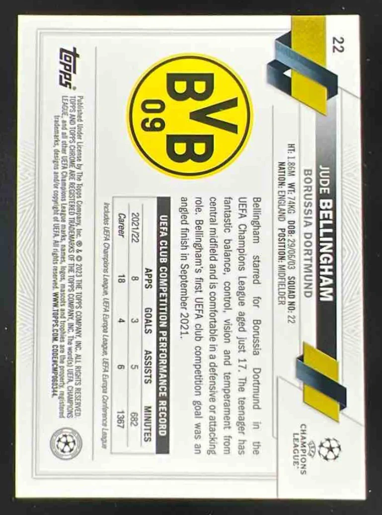 2022-23 Topps Chrome Sapphire UEFA Club Competitions #22b Jude Bellingham - Image 2