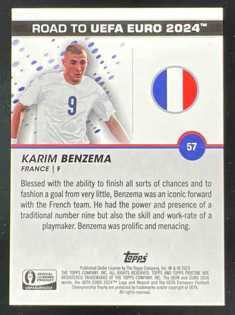 2023-24 Topps Pristine Road To Euro 2024 Blue Refractors #57 Karim Benzema /75 - Image 2