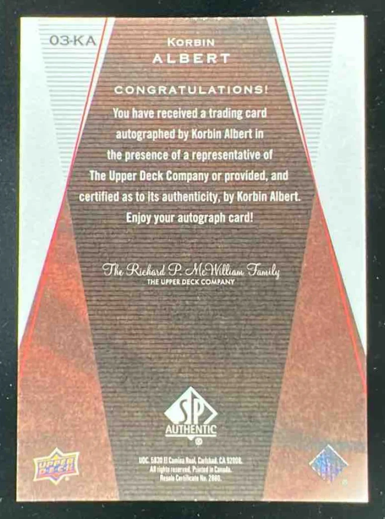 SP Authentic Rookie Authentics Autograph Retro Korbin Albert Auto /299 - Image 2