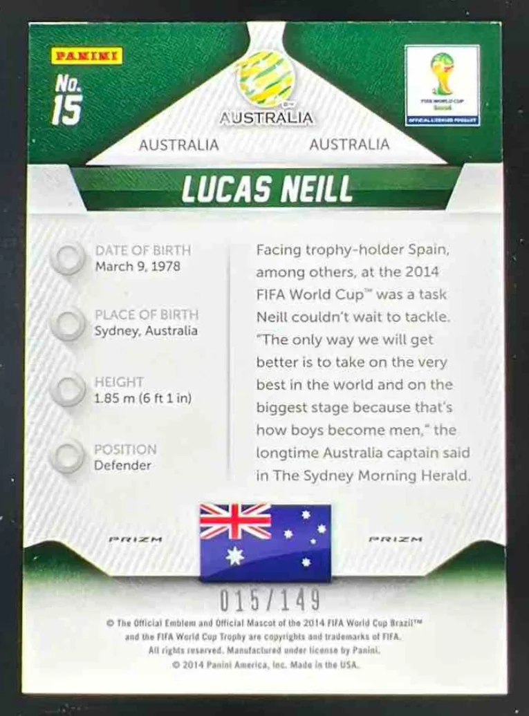 2014 Panini Prizm FIFA World Cup Brazil Prizms Red #15 Lucas Neill /149 - Image 2