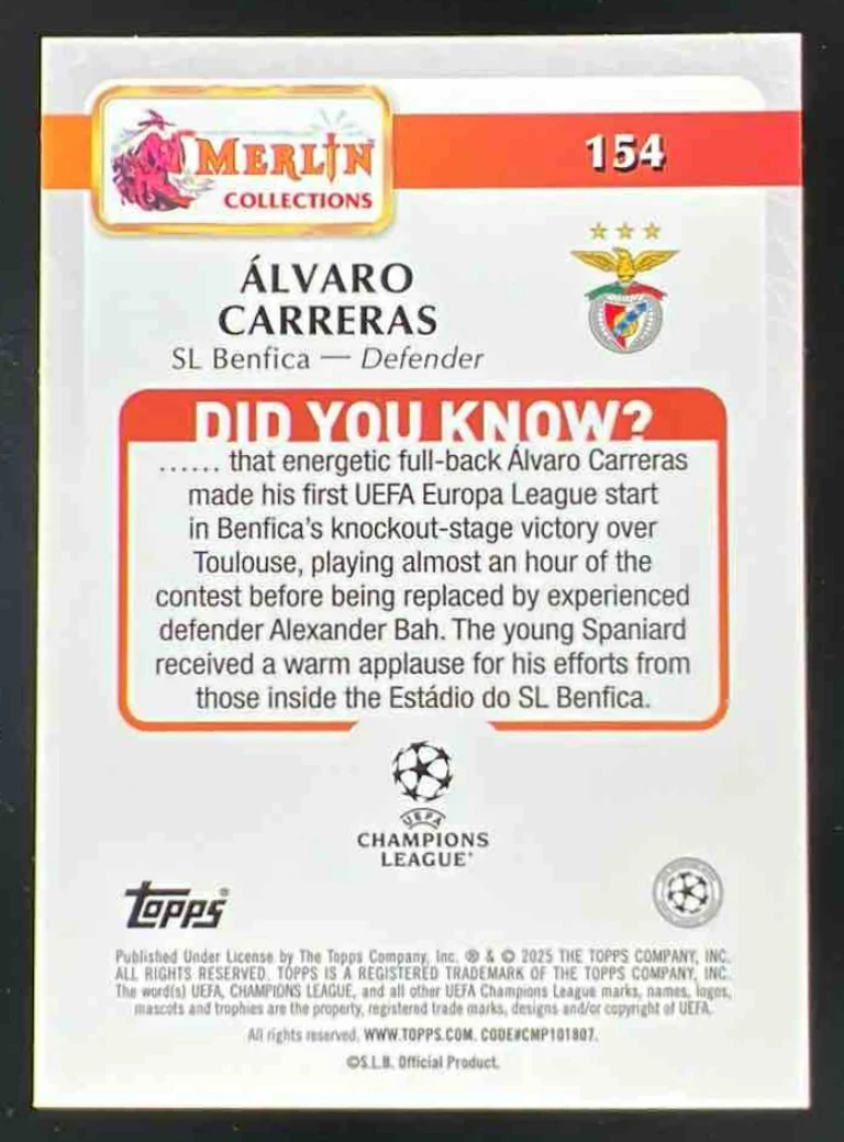 2024-25 Topps Merlin Chrome Green Speckle Refractor #154 Alvaro Carreras /99 - Image 2