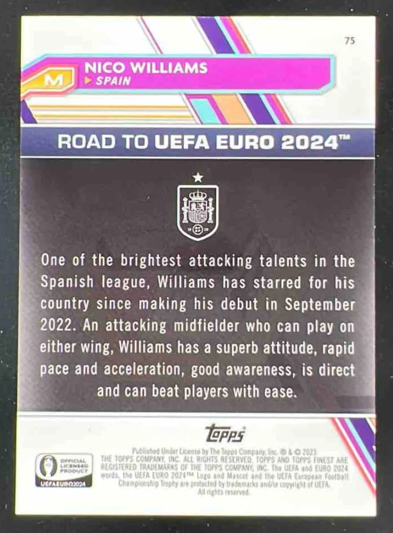 2023 Topps Finest Road to UEFA EURO 2024 Blue Aqua Vaporwave Nico Williams /250 - Image 2