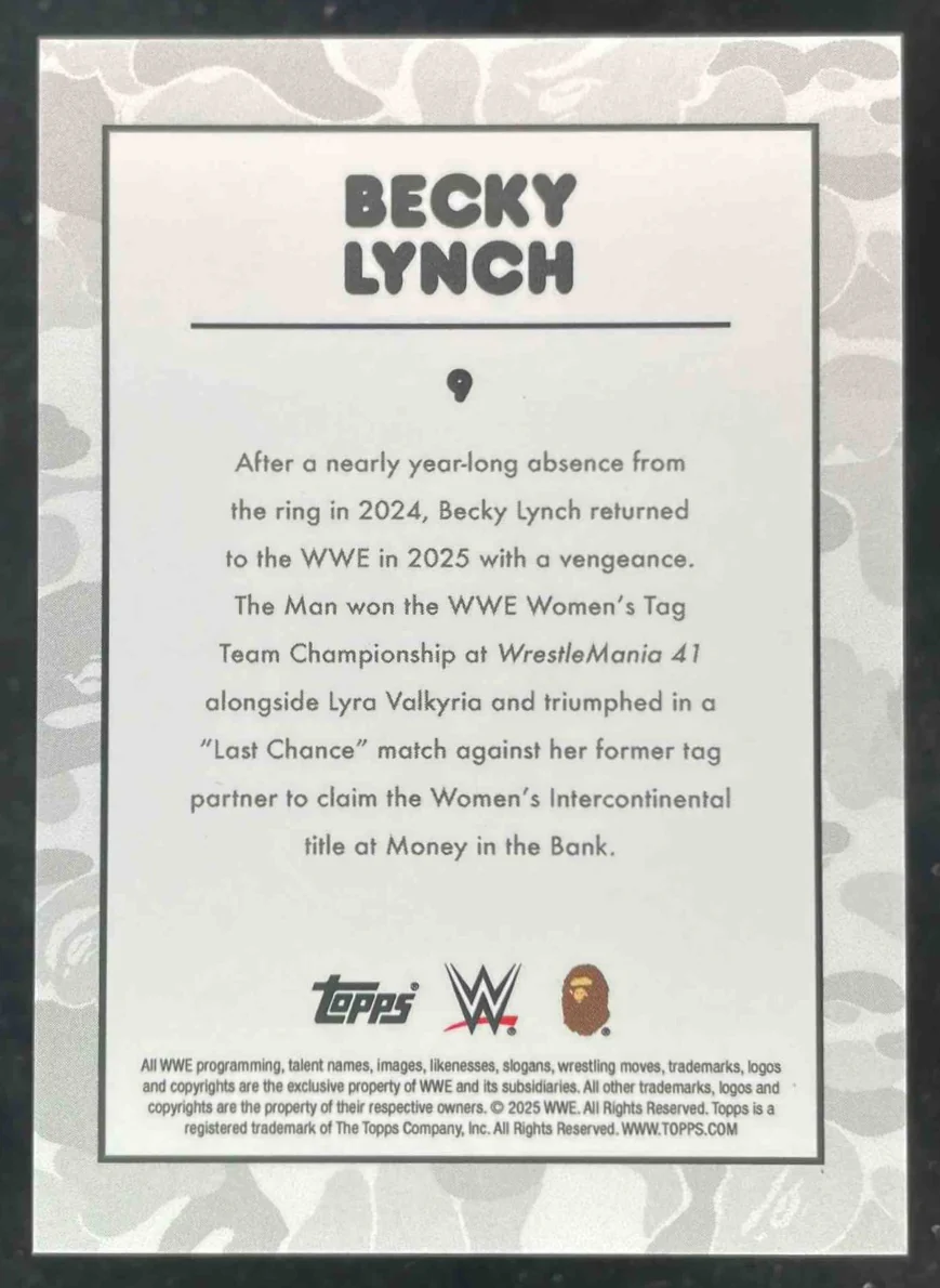 2025 Topps WWE x Bape Black White Camo #9 Becky Lynch /50 - Image 2