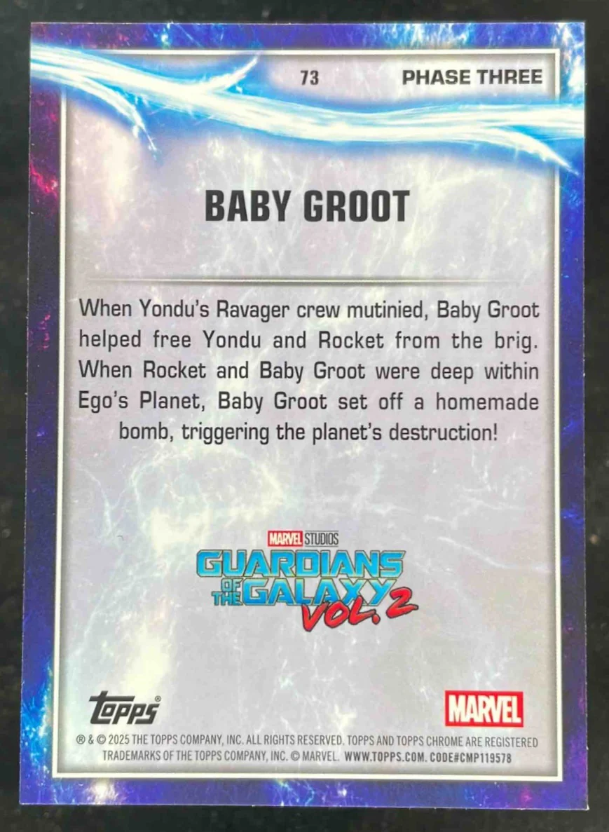 2025 Topps Chrome Marvel Studios Agatha Lava Refractor #73 Baby Groot /150 - Image 2
