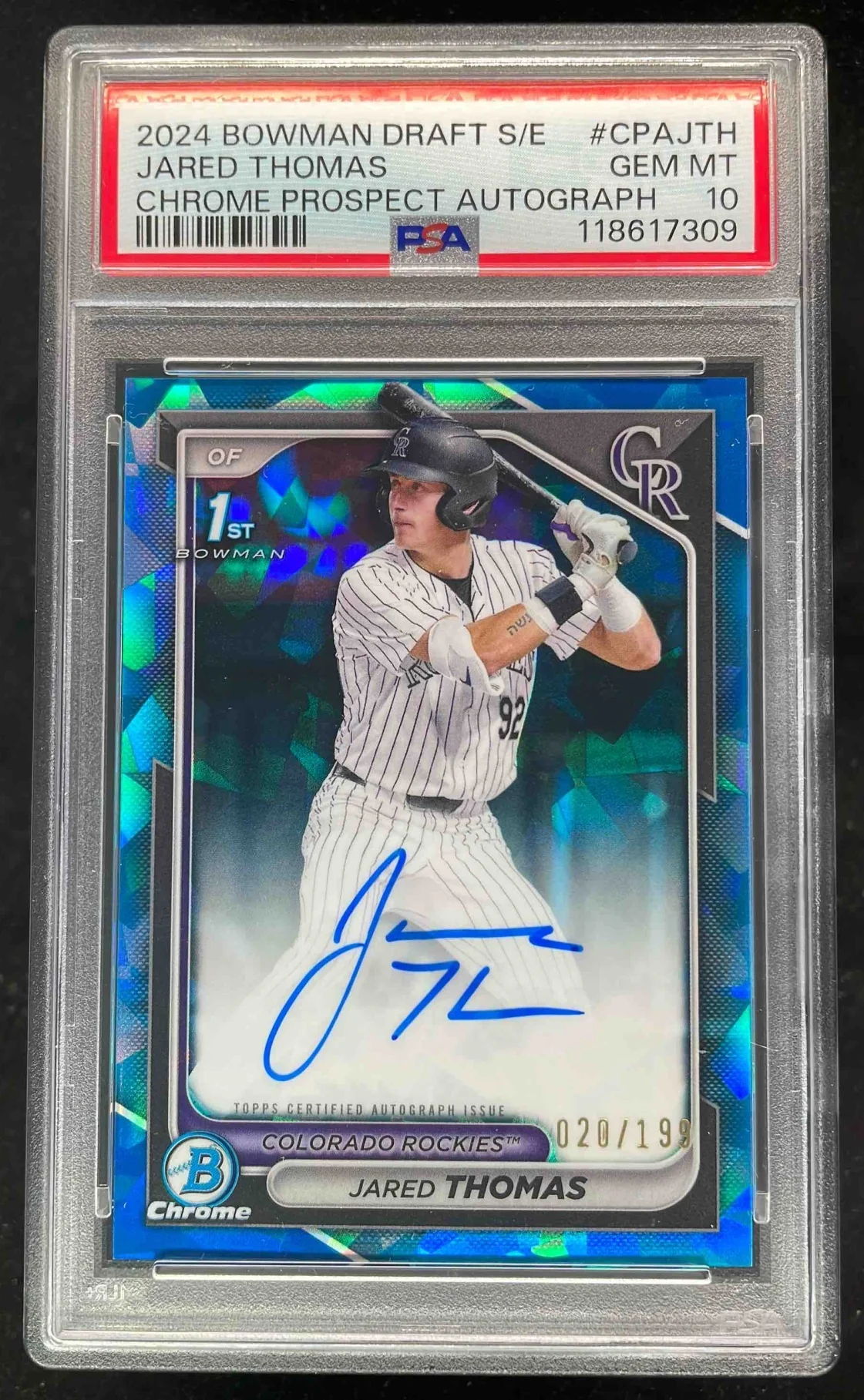 2024 Bowman Draft Sapphire Chrome #CPA-JTH Jared Thomas RC Auto /199 PSA 10