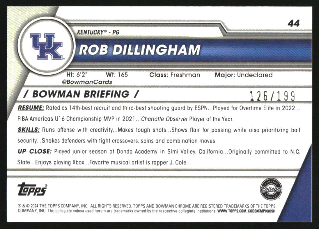 2023-24 Bowman Chrome University Blue Refractors #44 Rob Dillingham RC /199 - Image 2